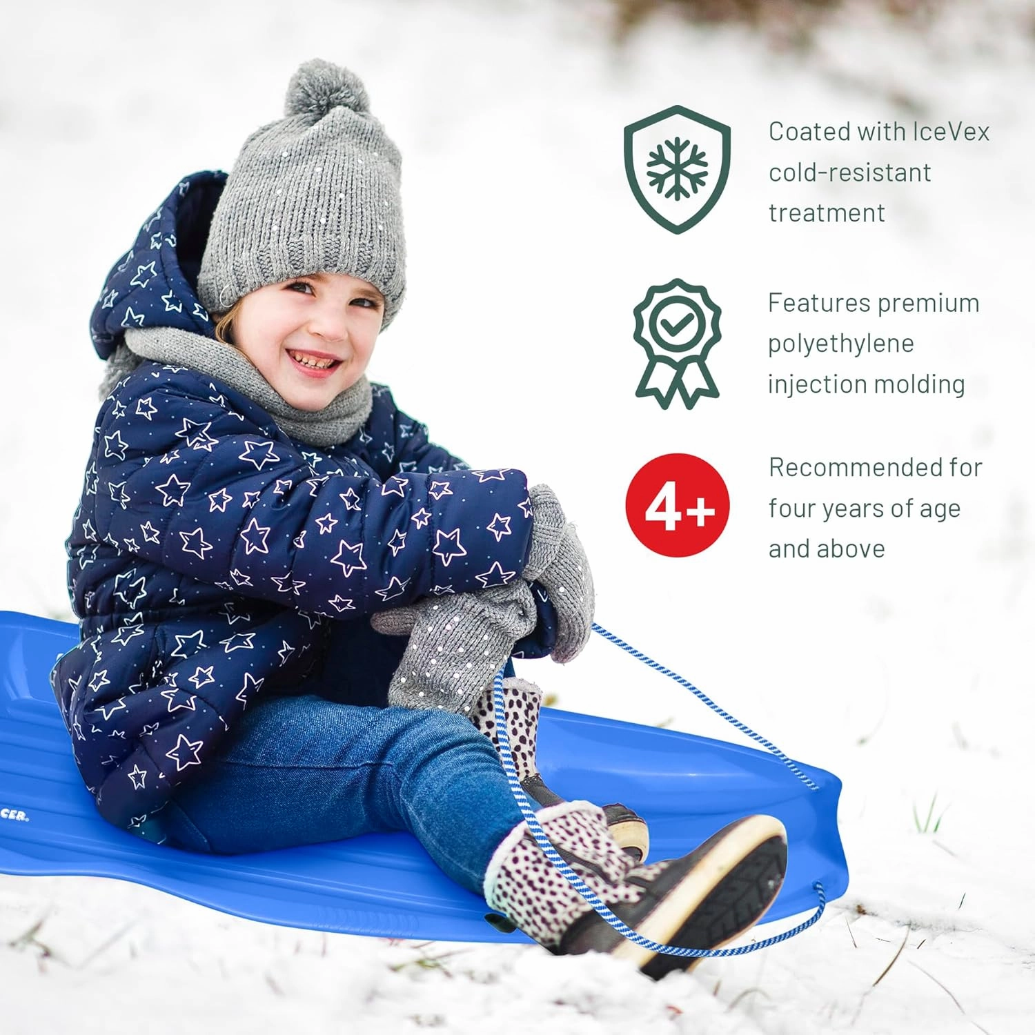 Slippery Racer Downhill Xtreme Flexible Adults and Kids Plastic Toboggan Snow Sled for up to 2 Riders with Pull Rope and Handles.