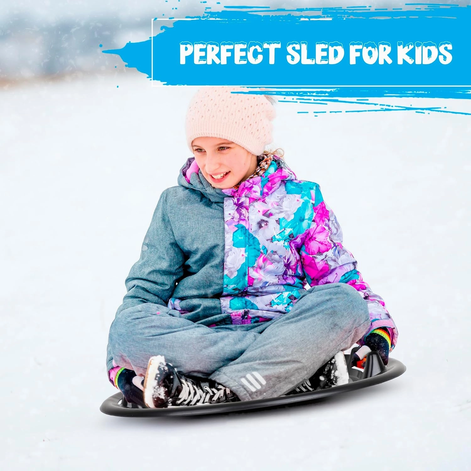 Slippery Racer Heavy-Duty Cold Resistant Downhill Pro Plastic Outdoor Winter Saucer Disc Snow Sled with Handles.