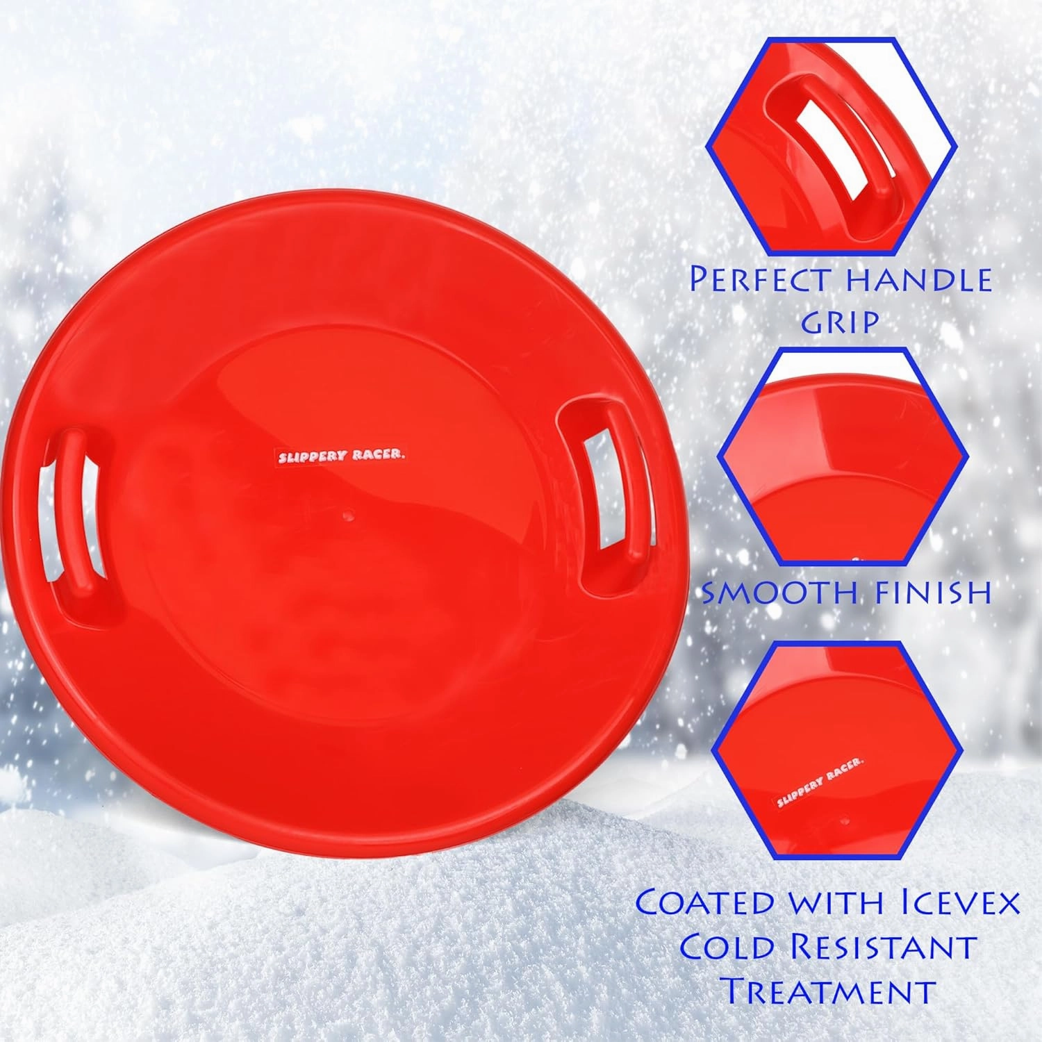 Slippery Racer Heavy-Duty Cold Weather Downhill Pro Adults and Kids Plastic Outdoor Winter Saucer Disc Snow Sleds with Handles.