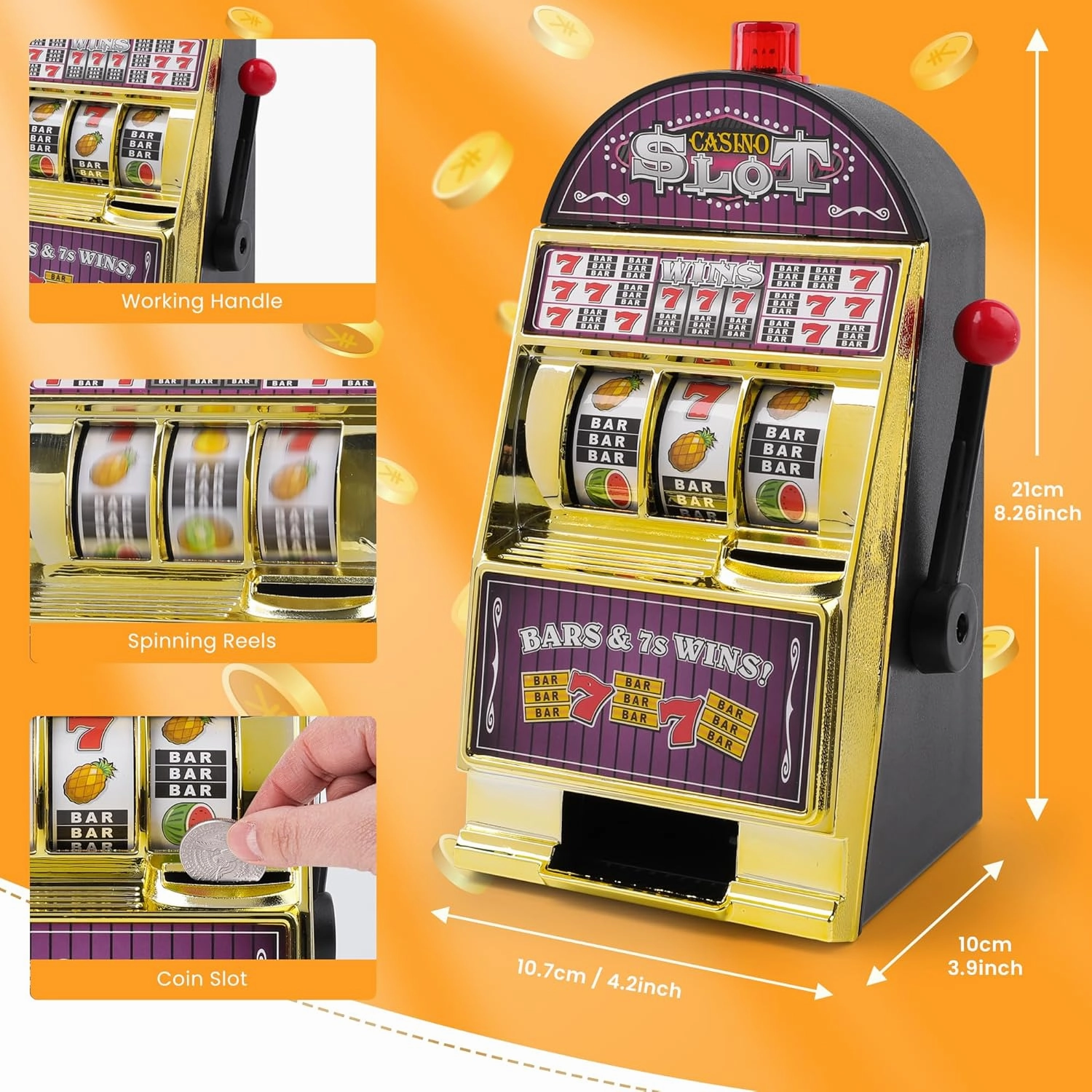 Slot Machine Money Bank for Adults (8.3 * 4.2 * 3.9inch), Lucky Seven Casino Games Toy Piggy Bank with Flashing Lights and Jackpot Sounds for Party and Family-Purple