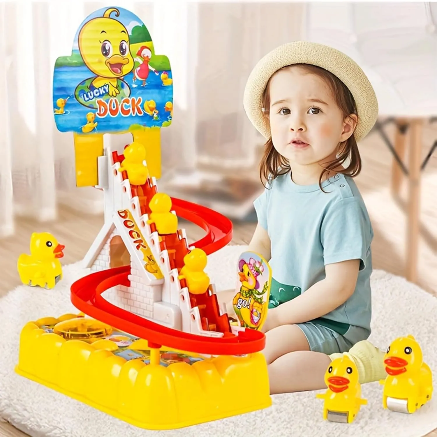 Small Ducks Climbing Toys, Electric Llittle Duck Climbing Stairs Toy, Funny Duck Roller Coaster Track Toy with 3 Duck LED Lights & Music Button, Small Duck Slide Toy for Toddlers Kids and Baby