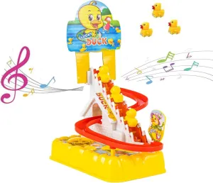 Small Ducks Climbing Toys, Electric Llittle Duck Climbing Stairs Toy, Funny Duck Roller Coaster Track Toy with 3 Duck LED Lights & Music Button, Small Duck Slide Toy for Toddlers Kids and Baby