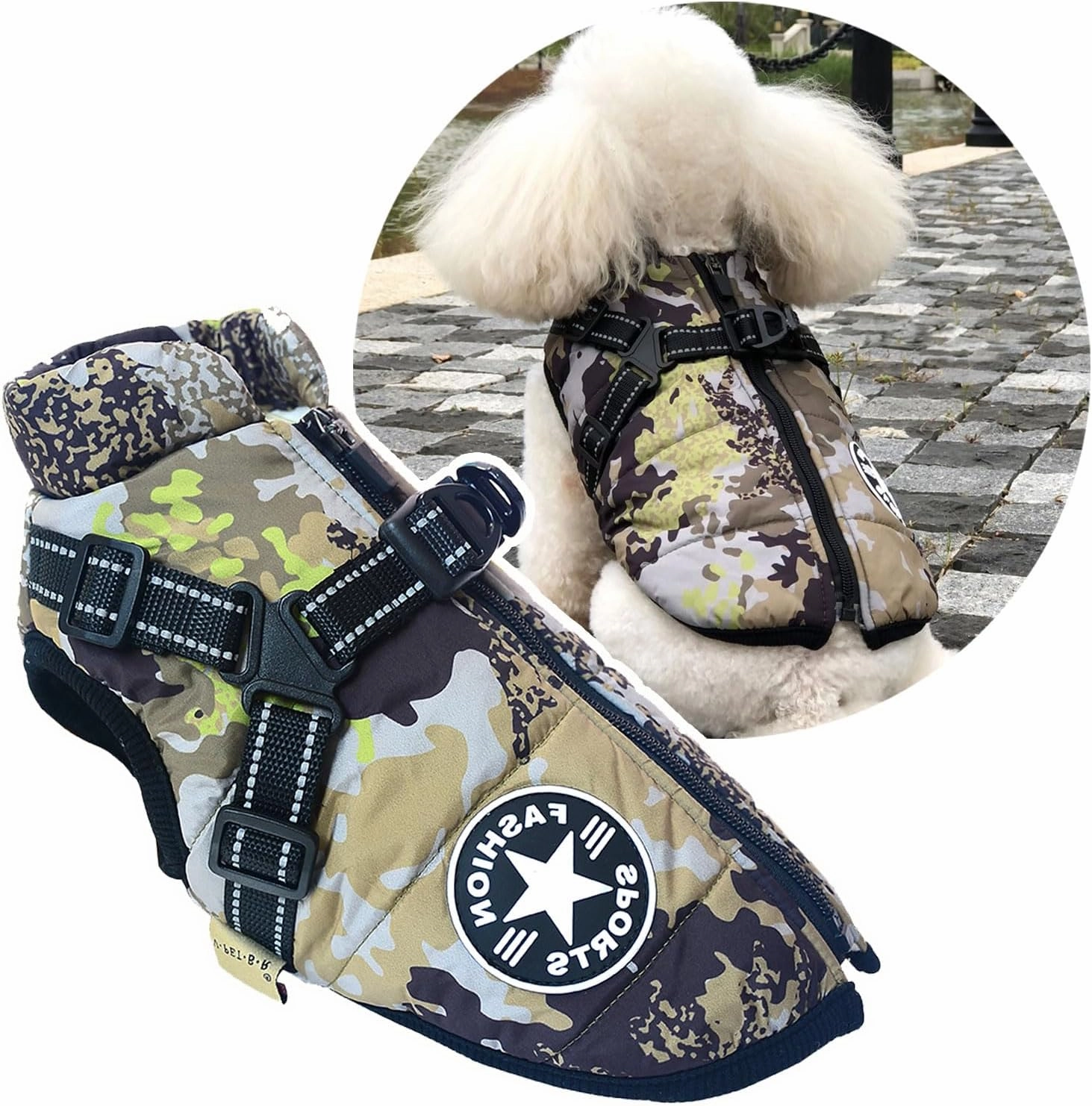 Small Dog Jacket with Harness, Outdoor Dog Sport Vest, Outdoor Warm Pet Winter Coat Harness for Cats Puppy Small Dogs, (Camo)