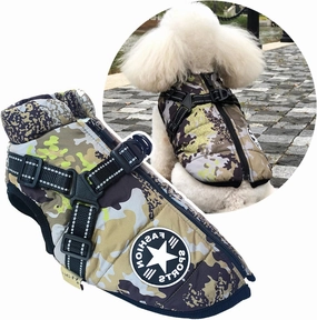 Small Dog Jacket with Harness, Outdoor Dog Sport Vest, Outdoor Warm Pet Winter Coat Harness for Cats Puppy Small Dogs, (Camo)