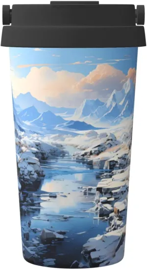 Snowy Mountain Scenery printed insulated coffee mug with airtight lid and handle, reusable, lightweight and stylish. Sports thermos mug.
