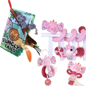 Soft Baby Books Tummy Time Toys 0-6-12 Months, Touch Feel Sensory Book Jungly Tails and Spiral Car Seat Toys for Babies 0-3-6 Month Girl Boy, Stroller Hanging Elephant Toy Shower Gifts 3PCS