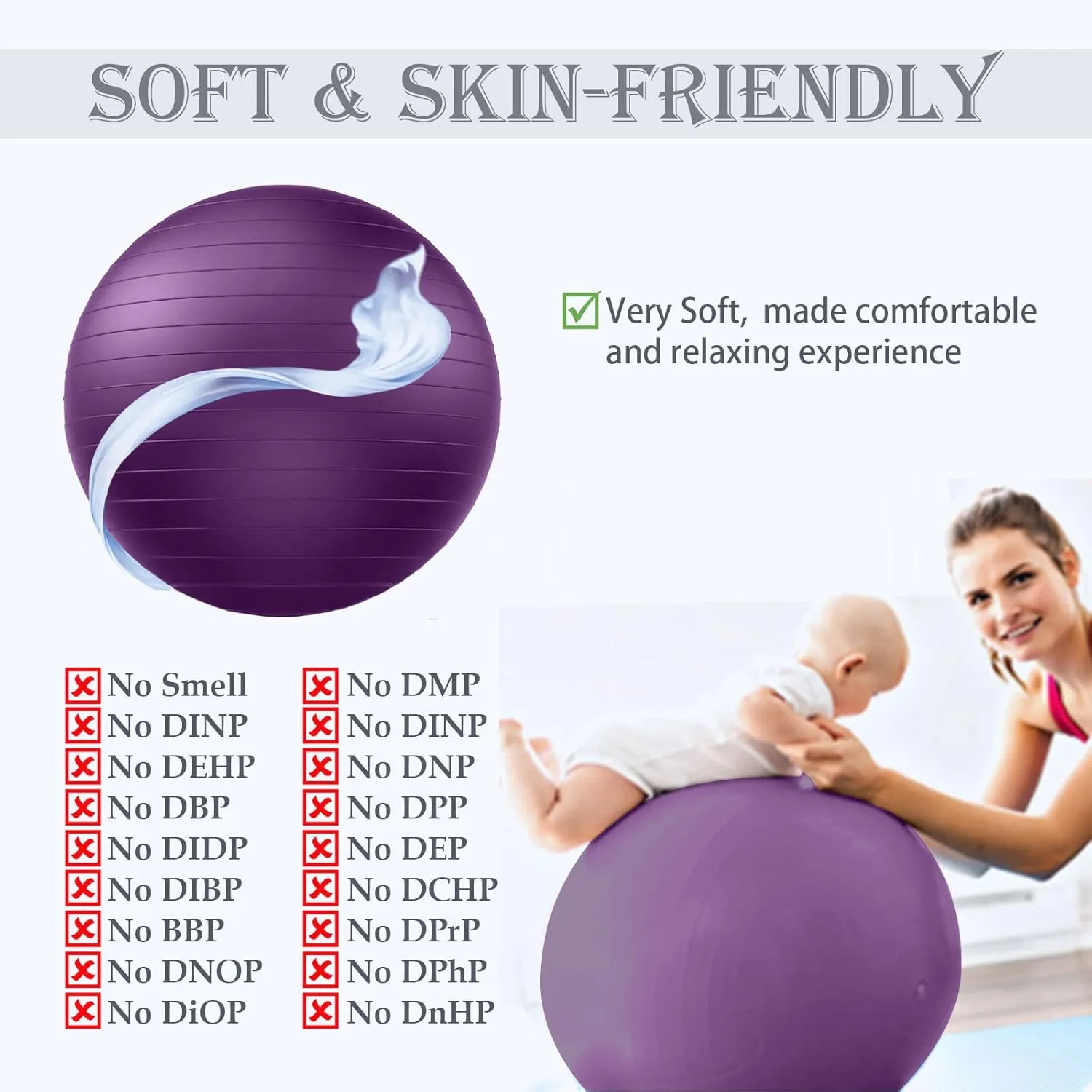 Soft Exercise ball, Anti-Burst Yoga Ball Chair Supports 2200lbs, Stability Swiss Ball w/ Pump for Pregnancy Birthing, Excersize, Workout, Fitness, Balance, Gym, Physio, Abs (Office & Home & School)