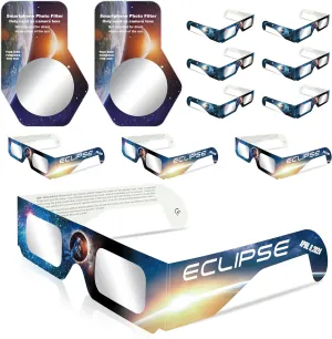 Solar Eclipse Glasses Approved 2024, ISO & CE Certified Eclipse Glasses 10 Pack   2 Smartphone Photo Filter Lens, Safe Shades for Direct Sun Viewing
