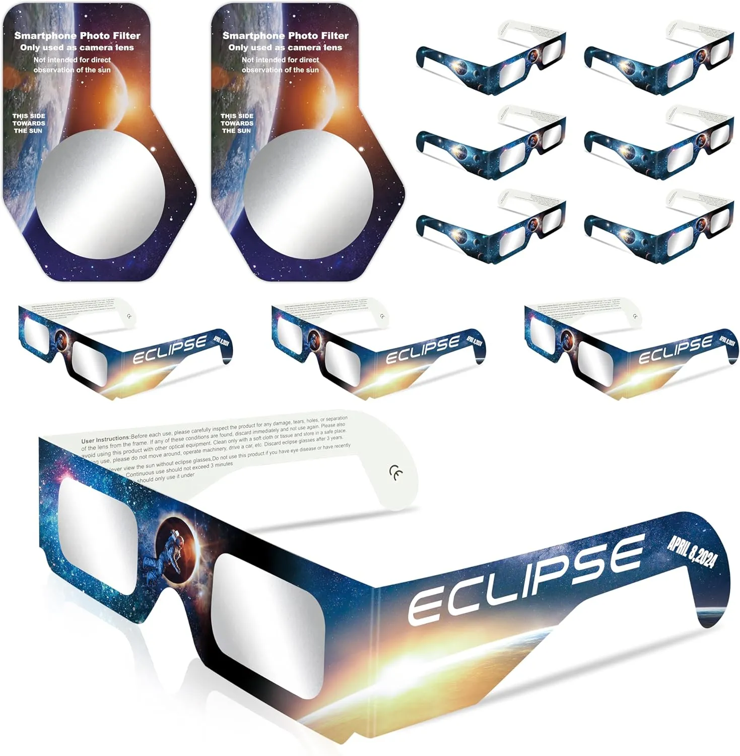 Solar Eclipse Glasses Approved 2024, ISO & CE Certified Eclipse Glasses 10 Pack   2 Smartphone Photo Filter Lens, Safe Shades for Direct Sun Viewing