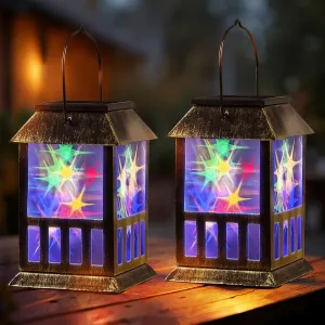 Solar Lanterns Outdoor Waterproof, 3D Star Lantern Light with Flashing Mode, Solar & USB C Charging, Metal Hanging Lantern for Wall Landscape Yard Patio Garden Driveway, RGB Light 2 Pack