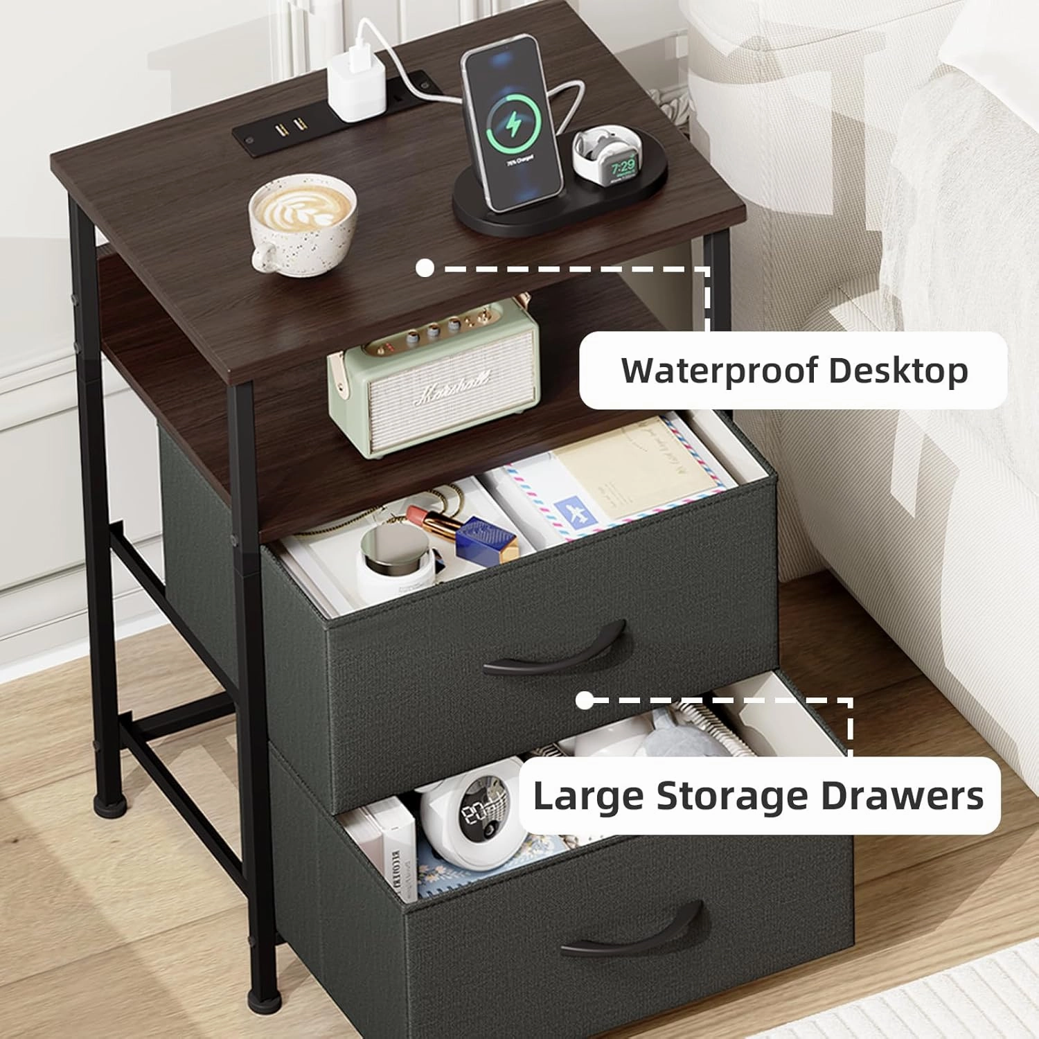 Somdot Nightstand with Charging Station and LED Light for Bedroom, 2 Drawers Dresser with Fabric Bins for Bedside Kids Dorm Room Closet Laundry Entryway, Charcoal Grey