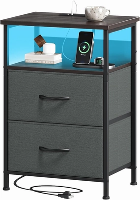Somdot Nightstand with Charging Station and LED Light for Bedroom, 2 Drawers Dresser with Fabric Bins for Bedside Kids Dorm Room Closet Laundry Entryway, Charcoal Grey