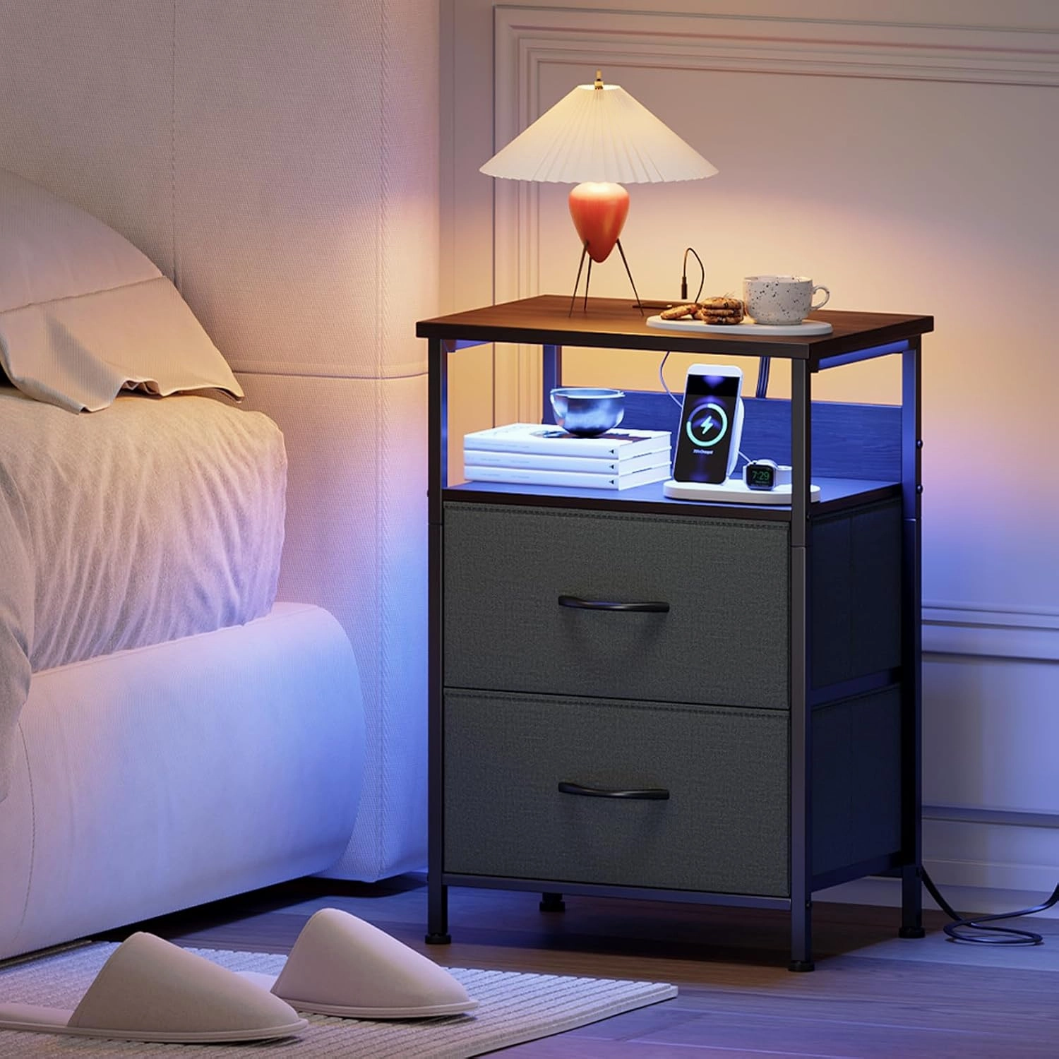 Somdot Nightstand with Charging Station and LED Light for Bedroom, 2 Drawers Dresser with Fabric Bins for Bedside Kids Dorm Room Closet Laundry Entryway, Charcoal Grey