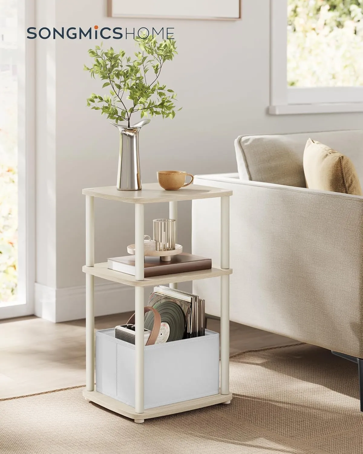 SONGMICS HOME Side Table, 3-Tier Nightstand with Storage, End Table with Fabric Basket, for Bedroom, Living Room, Steel Frame, Superfast Toolless Assembly, Modern, Natural Beige ULET286N01
