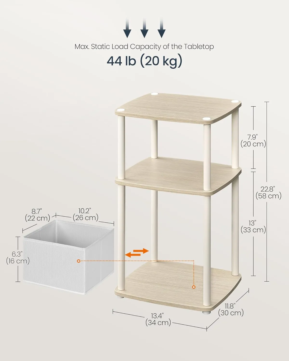 SONGMICS HOME Side Table, 3-Tier Nightstand with Storage, End Table with Fabric Basket, for Bedroom, Living Room, Steel Frame, Superfast Toolless Assembly, Modern, Natural Beige ULET286N01