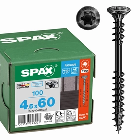 SPAX Facade Screw, 4.5 x 60 mm, Pack of 100, Stainless Steel A2 Blax, Fixing Thread, T-Star Plus T20, Raised Countersunk Head, 4CUT - 25470404506022