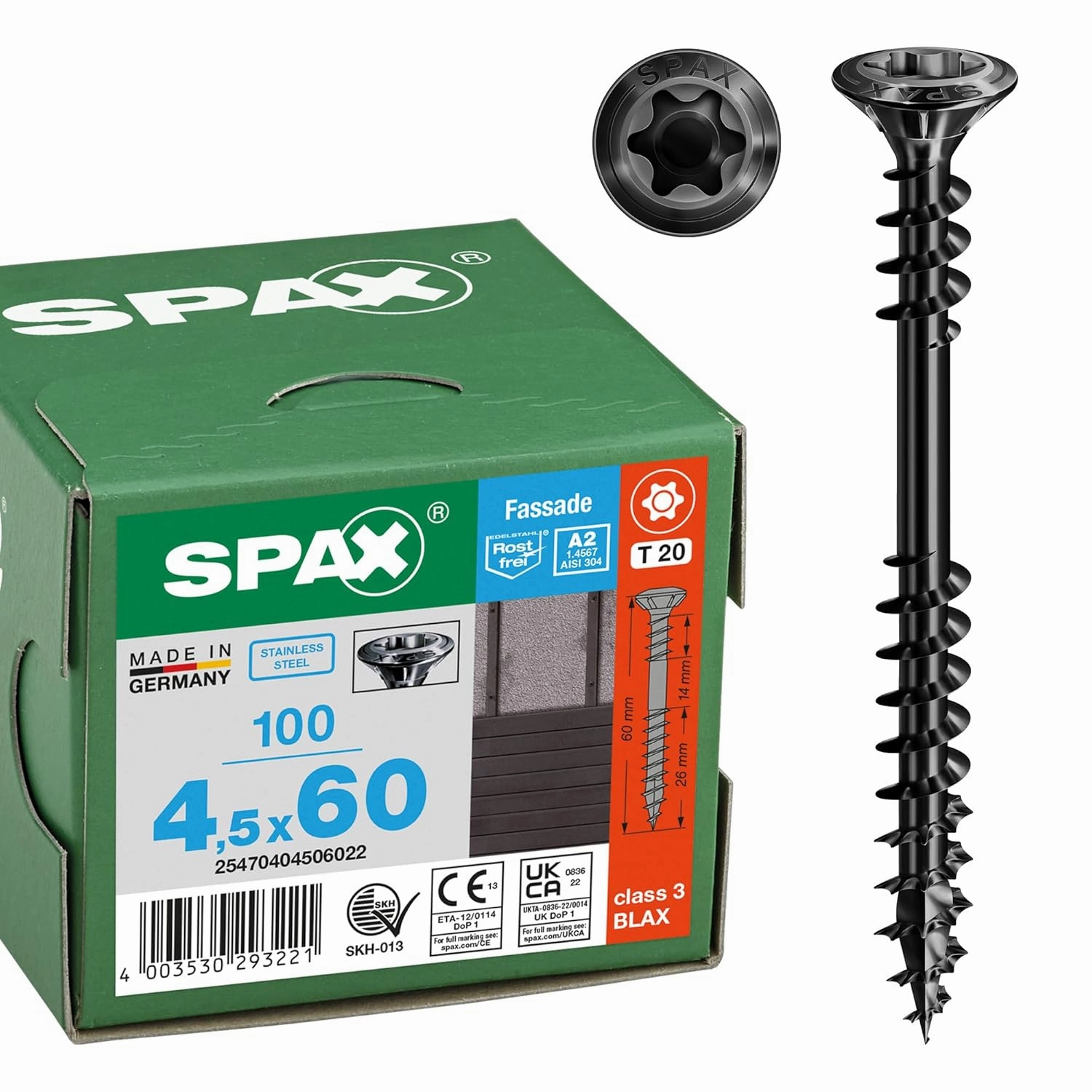 SPAX Facade Screw, 4.5 x 60 mm, Pack of 100, Stainless Steel A2 Blax, Fixing Thread, T-Star Plus T20, Raised Countersunk Head, 4CUT - 25470404506022