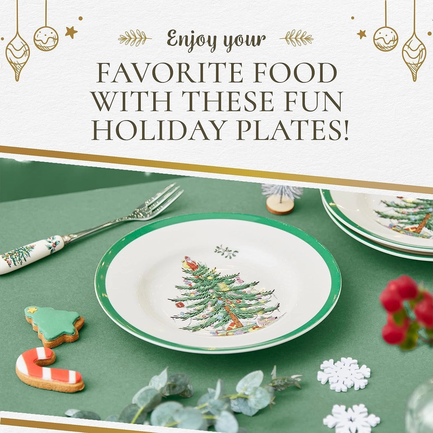 Spode Christmas Tree 8" Salad Plate - Festive Holiday Stoneware Plate with Christmas Tree Design, Green Bordered Edges, Microwave, Dishwasher, Freezer, Oven Safe - Collectible Holiday Tableware