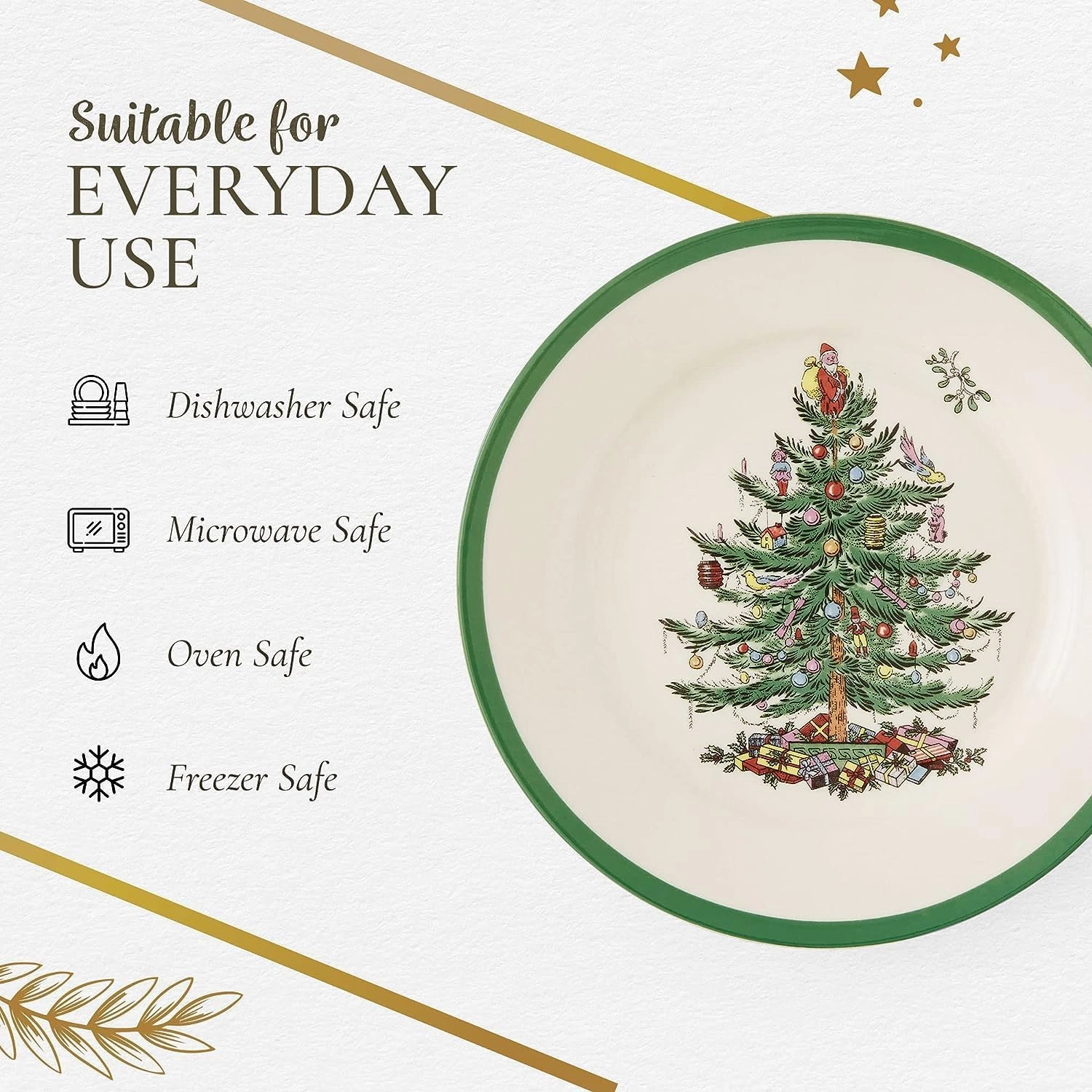 Spode Christmas Tree 8" Salad Plate - Festive Holiday Stoneware Plate with Christmas Tree Design, Green Bordered Edges, Microwave, Dishwasher, Freezer, Oven Safe - Collectible Holiday Tableware