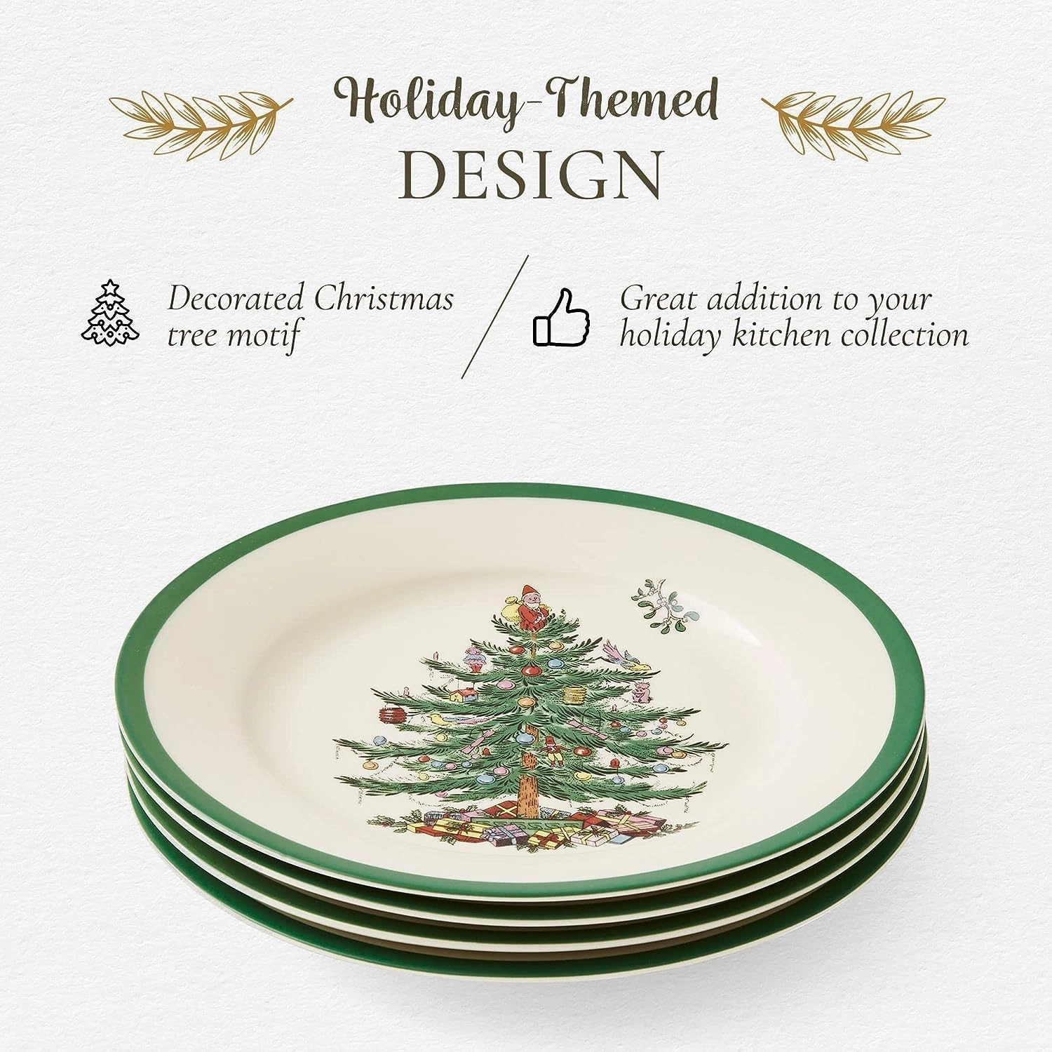 Spode Christmas Tree 8" Salad Plate - Festive Holiday Stoneware Plate with Christmas Tree Design, Green Bordered Edges, Microwave, Dishwasher, Freezer, Oven Safe - Collectible Holiday Tableware