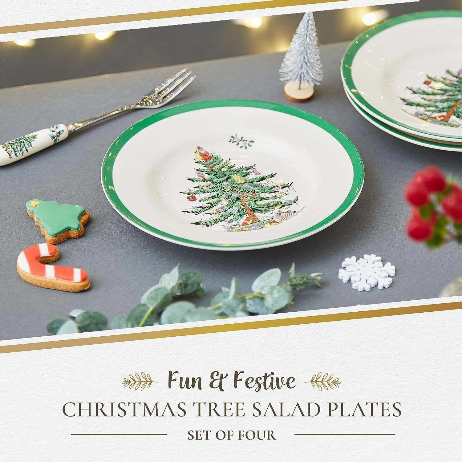 Spode Christmas Tree 8" Salad Plate - Festive Holiday Stoneware Plate with Christmas Tree Design, Green Bordered Edges, Microwave, Dishwasher, Freezer, Oven Safe - Collectible Holiday Tableware