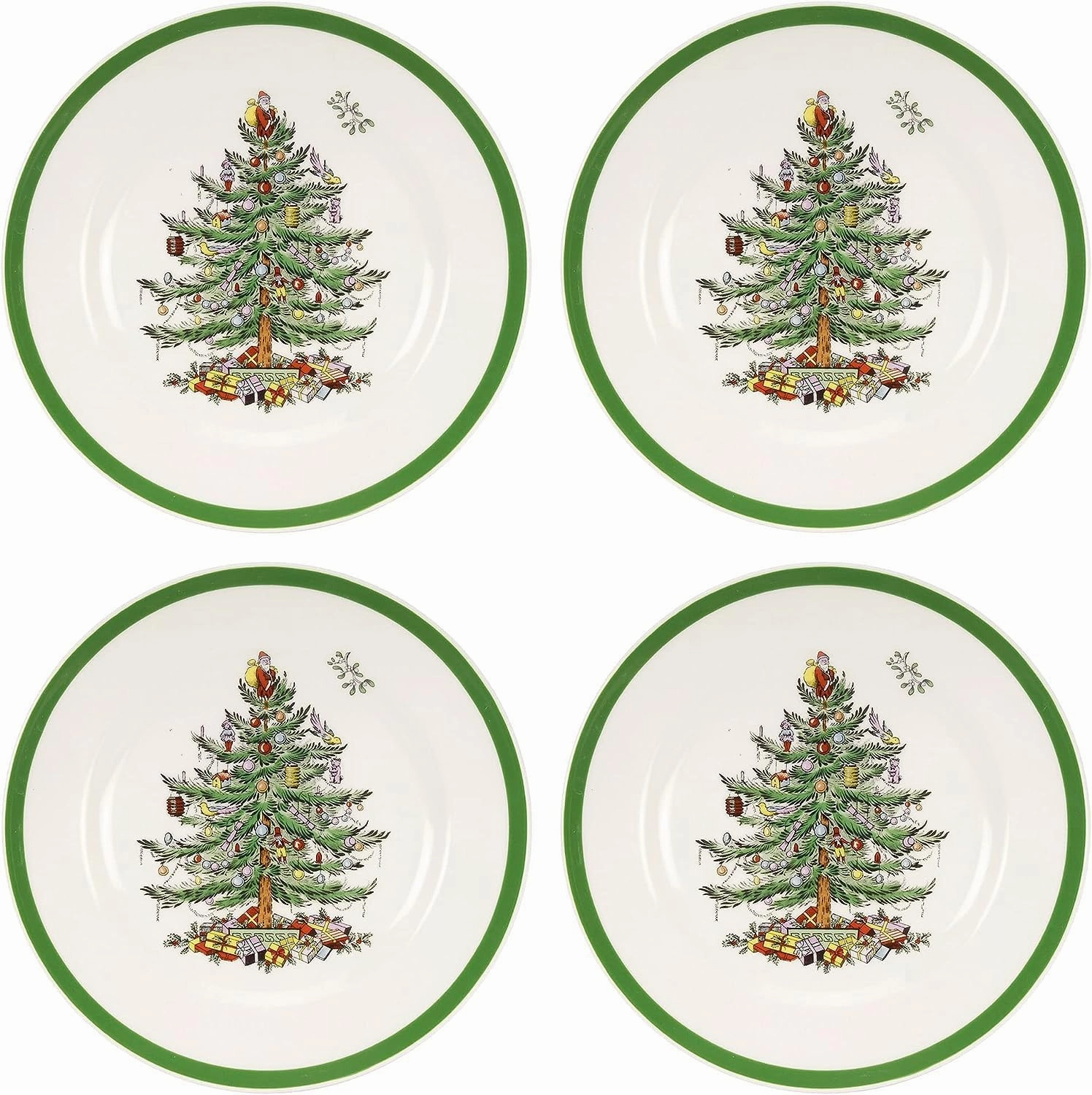 Spode Christmas Tree 8" Salad Plate - Festive Holiday Stoneware Plate with Christmas Tree Design, Green Bordered Edges, Microwave, Dishwasher, Freezer, Oven Safe - Collectible Holiday Tableware