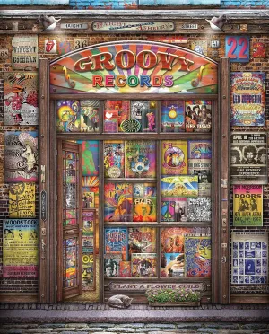 Springbok Groovy Records 1000 piece Jigsaw Puzzle for Adults features a colorful illustration of a classic record store