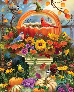 Springbok's Bountiful Bird Feeder 1000 Piece Puzzle for Adults Featuring an Autumn Scene of a Pumpkin Bird Feeder by Artist Gina Jane