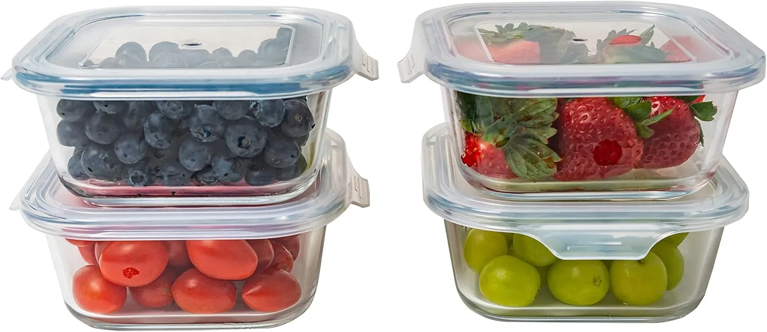 Square Glass Storage Container, Stackable BPA Free Airtight Seal Food Containers with Lids, Meal Prep Kitchen Organization and Storage, 5"x5" x 2.5", 17.6oz, 0.52L, White, 4 Pack