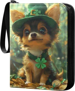St. Patrick's Day Cute Dog Card Binder 4 Pocket Collectible Trading Card Albums with 50 Sleeves Double Side PU Waterproof 3 Ring for Sports & Game Cards