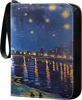 Starry Night Painting Card Binder 4 Pocket Collectible Trading Card Albums with 50 Sleeves Double Side PU Waterproof 3 Ring for Sports & Game Cards