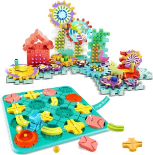 STEM Board Game and Gear Toys Bundle - Montessori Logic Road Builder Puzzle & 150 Piece Engineering Building Blocks for Kids Ages 3-8