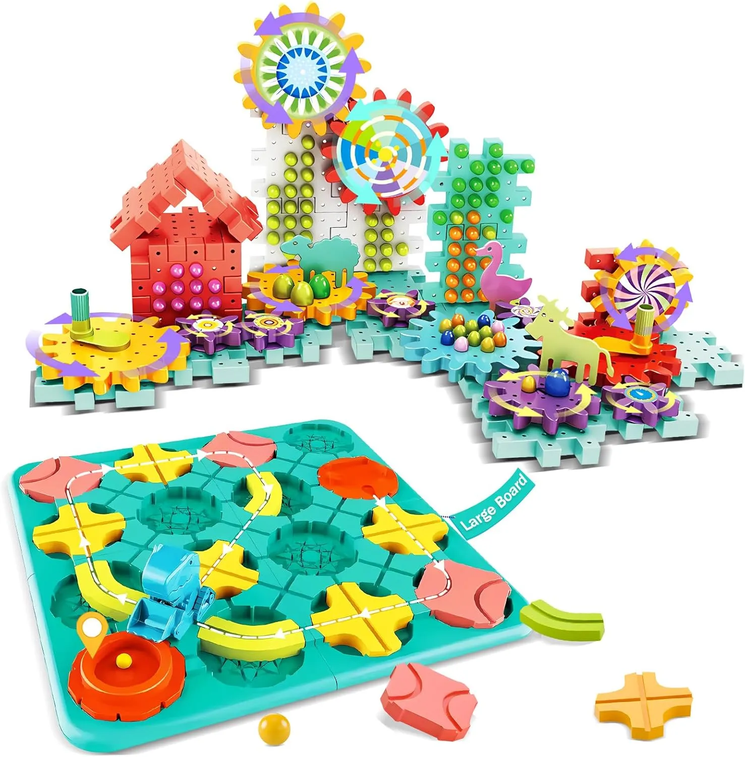 STEM Board Game and Gear Toys Bundle - Montessori Logic Road Builder Puzzle & 150 Piece Engineering Building Blocks for Kids Ages 3-8