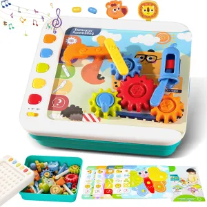 STEM Preschool Learning Activities Educational Toy, Montessori Busy Board with Flash Cards, Gears, Animals and Building Blocks, Alphabet Learning Tablet Interactive Toys for Toddlers 3-5