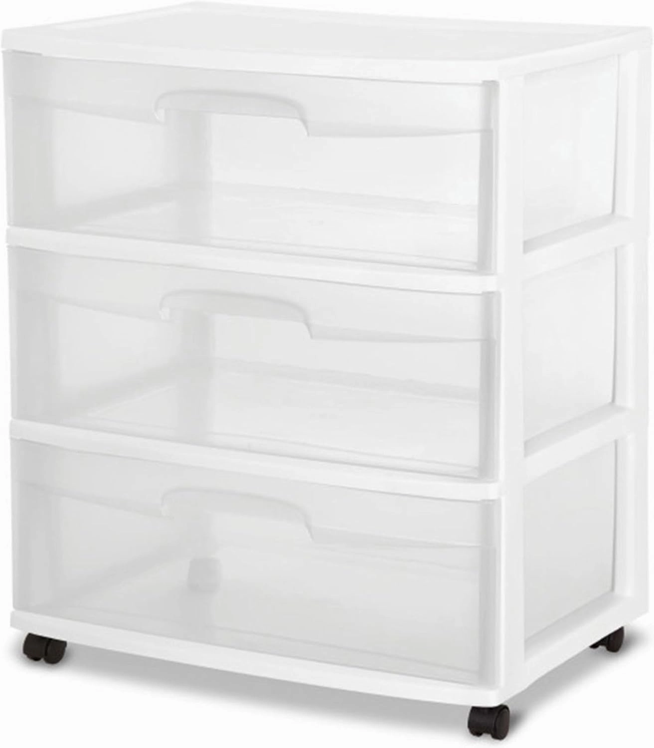 Sterilite Wide 3 Drawer Storage Cart, Plastic Rolling Cart with Wheels to Organize Clothes in Bedroom, Closet, White with Clear Drawers, 3-Pack