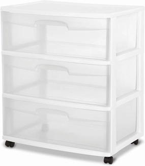 Sterilite Wide 3 Drawer Storage Cart, Plastic Rolling Cart with Wheels to Organize Clothes in Bedroom, Closet, White with Clear Drawers, 3-Pack