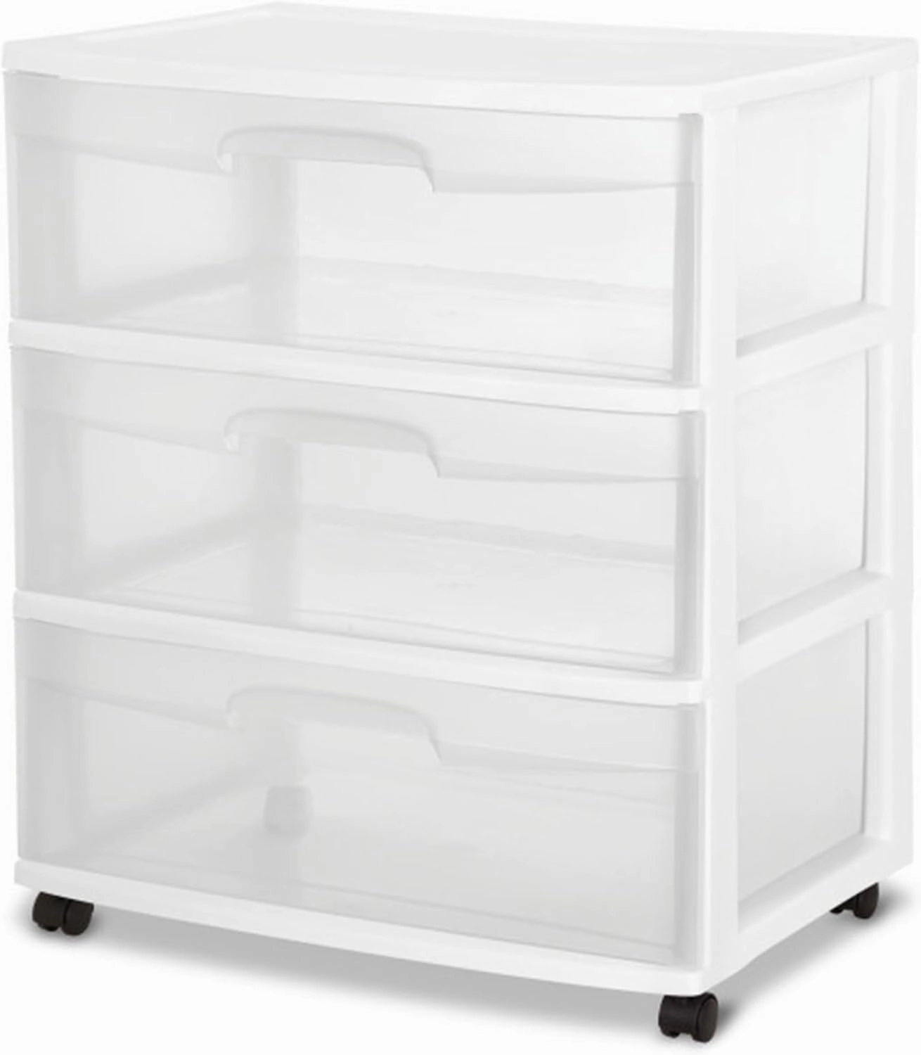 Sterilite Wide 3 Drawer Storage Cart, Plastic Rolling Cart with Wheels to Organize Clothes in Bedroom, Closet, White with Clear Drawers, 3-Pack