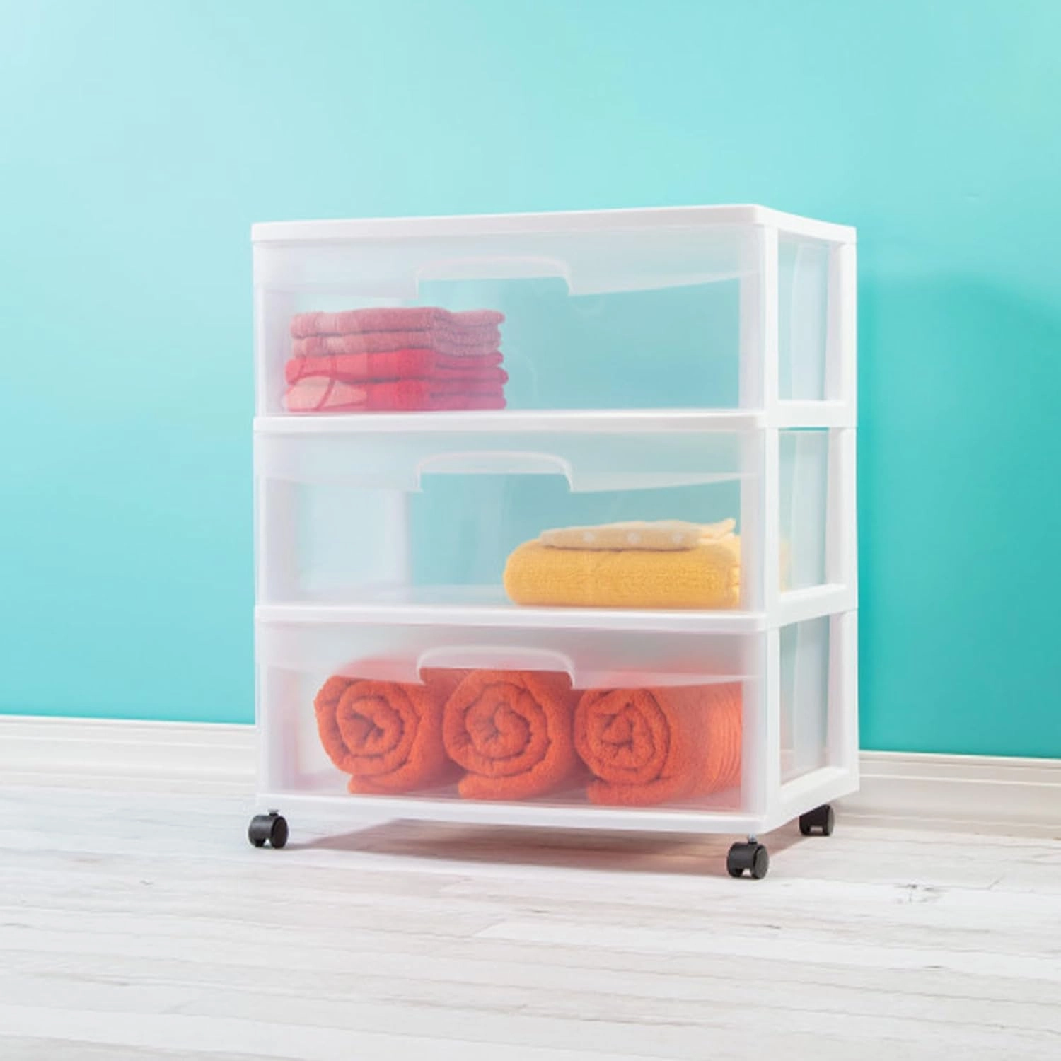 Sterilite Wide 3 Drawer Storage Cart, Plastic Rolling Cart with Wheels to Organize Clothes in Bedroom, Closet, White with Clear Drawers, 3-Pack