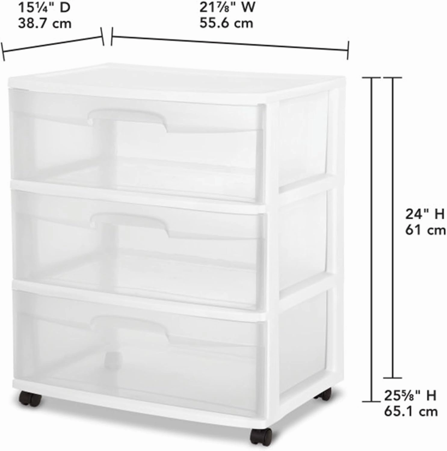 Sterilite Wide 3 Drawer Storage Cart, Plastic Rolling Cart with Wheels to Organize Clothes in Bedroom, Closet, White with Clear Drawers, 3-Pack