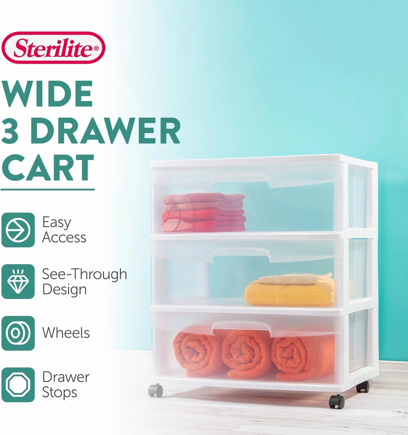 Sterilite Wide 3 Drawer Storage Cart, Plastic Rolling Cart with Wheels to Organize Clothes in Bedroom, Closet, White with Clear Drawers, 3-Pack