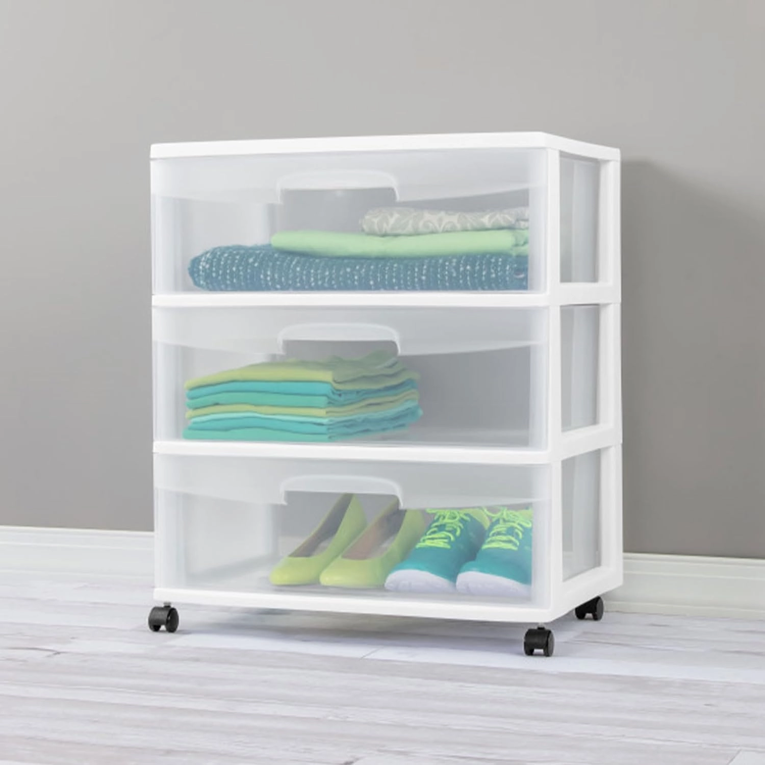 Sterilite Wide 3 Drawer Storage Cart, Plastic Rolling Cart with Wheels to Organize Clothes in Bedroom, Closet, White with Clear Drawers, 3-Pack