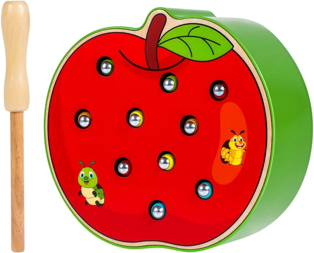 STOBOK Funny Apple Shaped Catch Insects Game Toy Wooden Magnetic Educational Toys for Kids Toddlers