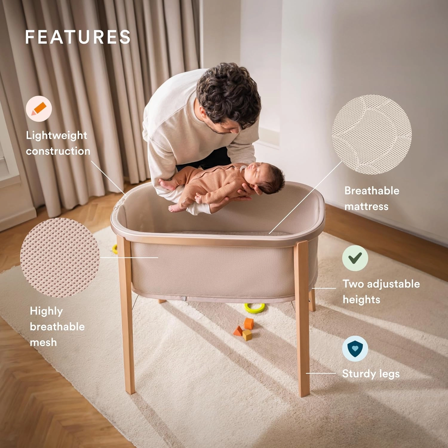 Stokke Snoozi Bassinet, Sandy Beige - Grows with Babies from Birth to 9 Months - Portable, Lightweight Design - Includes Firm Mattress
