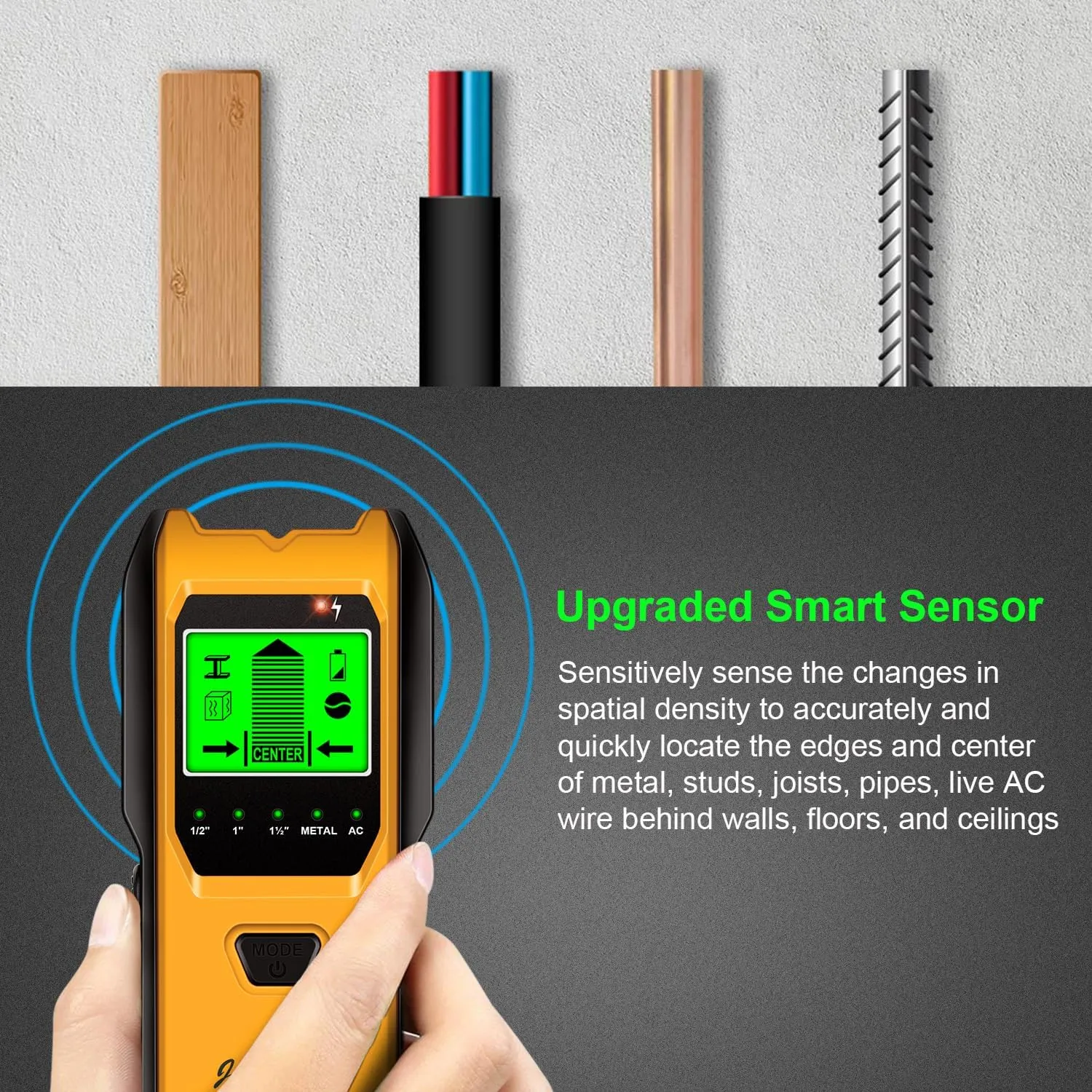 Stud Finder Wall Scanner, 5 in 1 Multifunction Stud Locator with Upgraded Smart Sensor, HD LCD Display and Audio Alarm for The Center & Edge of Metal, Studs, AC Wire, and Pipe Detection (Canary)