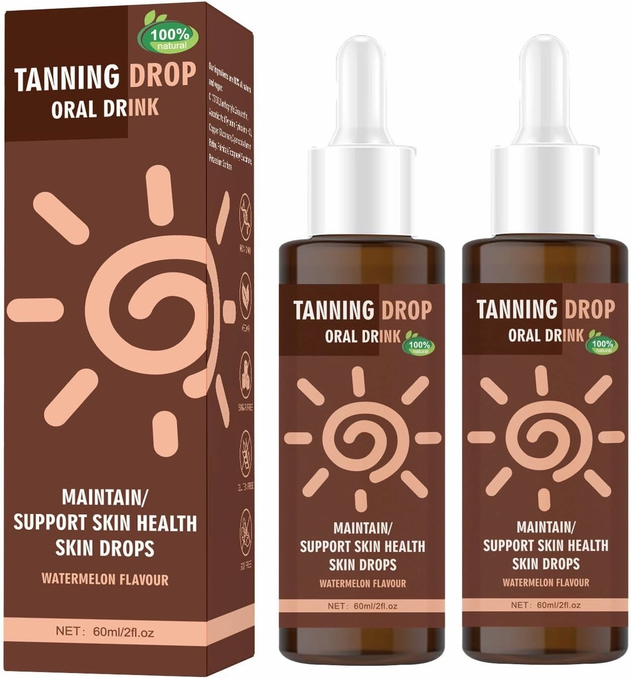 Sunless Tanning Drops to Drink, 2025 New Watermelon Flavor Drinkable Sunless Tanning Drops, Firming Bronze Skin for Face & Body, Sun-Kissed Glow(2PCS)