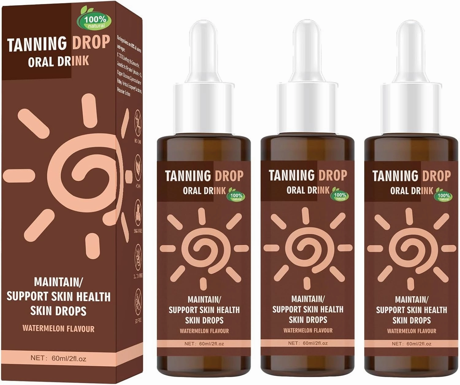 Sunless Tanning Drops to Drink, 2025 New Watermelon Flavor Drinkable Sunless Tanning Drops, Firming Bronze Skin for Face & Body, Sun-Kissed Glow(3PCS)
