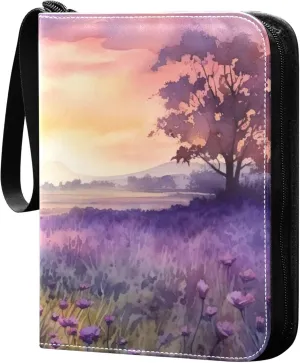 Sunset in A Purple Field Card Binder 4 Pocket Collectible Trading Card Albums with 50 Sleeves Double Side PU Waterproof 3 Ring for Sports & Game Cards