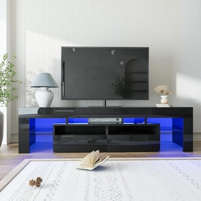 SUSSURRO LED TV Stand for 60/65/70 inch TV, Modern Gloss Entertainment Center with Drawer and Glass Open Shelf, Television Table Center Media Console for Living Room， Black