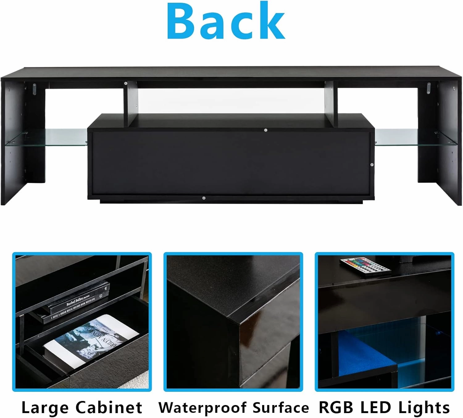 SUSSURRO LED TV Stand for 60/65/70 inch TV, Modern Gloss Entertainment Center with Drawer and Glass Open Shelf, Television Table Center Media Console for Living Room， Black