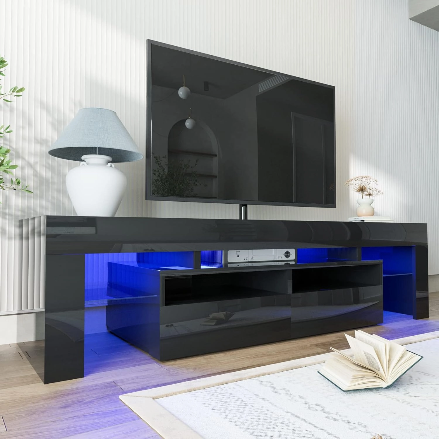 SUSSURRO LED TV Stand for 60/65/70 inch TV, Modern Gloss Entertainment Center with Drawer and Glass Open Shelf, Television Table Center Media Console for Living Room， Black